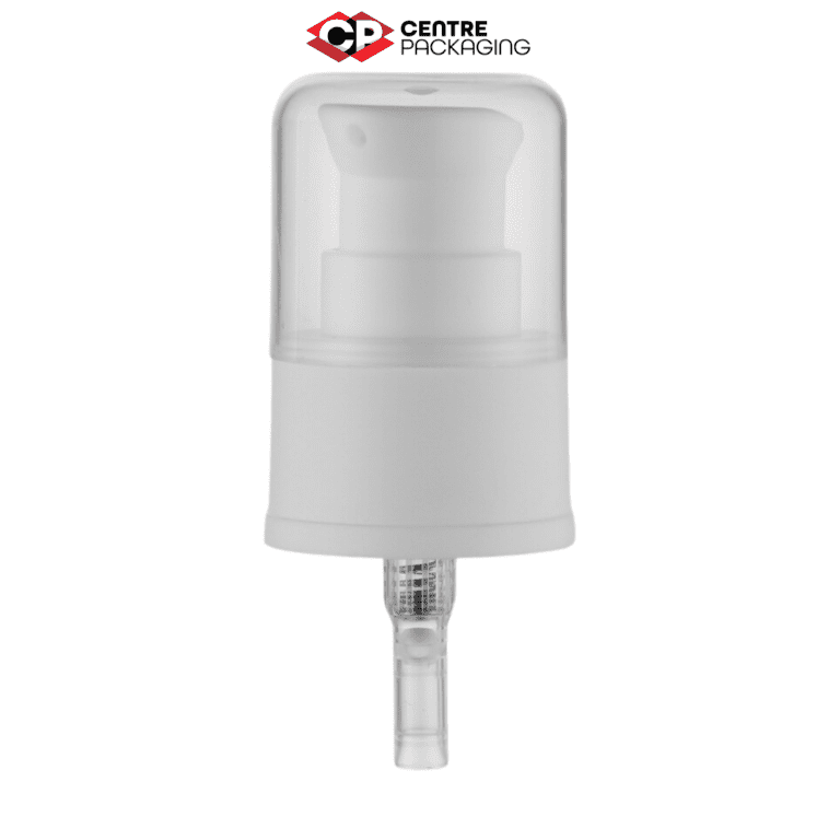 Image illustrating a CP-CP-05 Cream Pump in white with a large clear over cap. The color of the pump is customizable. The pump is displayed without a bottle, but a bottle can be included upon request. Various neck sizes are available for the pump.