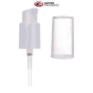 Image illustrating a CP-CP-08 Cream Pump in white with a clear over cap. The color of the pump is customizable. The pump is displayed without a bottle, but a bottle can be included upon request. Various neck sizes are available for the pump.