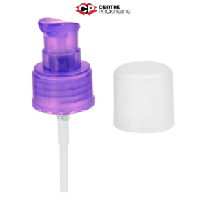 Image illustrating a CP-CP-09 Cream Pump in purple with a clear over cap. The color of the pump is customizable. The pump is displayed without a bottle, but a bottle can be included upon request. Various neck sizes are available for the pump.