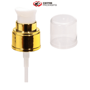 Image illustrating a CP-CP-10A Cream Pump in white with a clear over cap and aluminum collar. The color of the pump is customizable. The pump is displayed without a bottle, but a bottle can be included upon request. Various neck sizes are available for the pump.