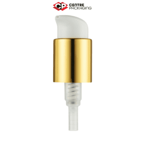 Image illustrating a CP-CP-12A Cream Pump in white with a clear over cap and aluminum collar. The color of the pump is customizable. The pump is displayed without a bottle, but a bottle can be included upon request. Various neck sizes are available for the pump.