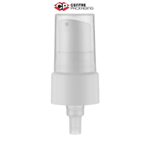 Image illustrating a CP-CP-15 Cream Pump in white with a clear over cap. The color of the pump is customizable. The pump is displayed without a bottle, but a bottle can be included upon request. Various neck sizes are available for the pump.