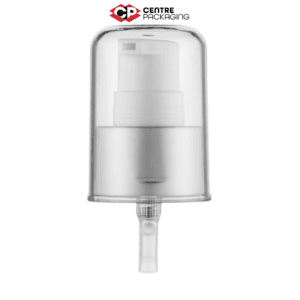 Image illustrating a CP-CP-16A Cream Pump in White with a clear over cap and aluminum collar. The color of the pump is customizable. The pump is displayed without a bottle, but a bottle can be included upon request. Various neck sizes are available for the pump.