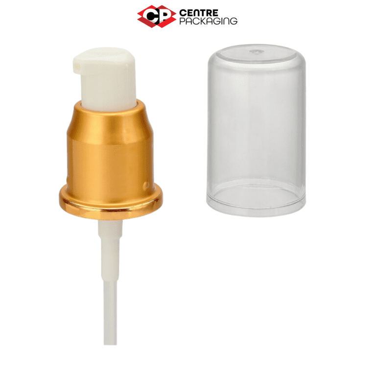 Image illustrating a CP-CP-17A Cream Pump in White with a clear over cap and aluminum collar. The color of the pump is customizable. The pump is displayed without a bottle, but a bottle can be included upon request. Various neck sizes are available for the pump.