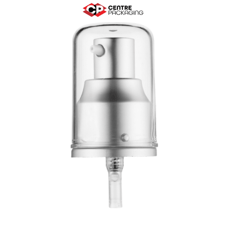 Image illustrating a CP-CP-19A Cream Pump in White with a clear over cap and aluminum collar. The color of the pump is customizable. The pump is displayed without a bottle, but a bottle can be included upon request. Various neck sizes are available for the pump.