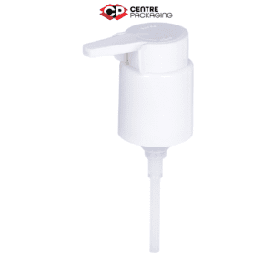 Image illustrating a CP-CP-22 Cream Pump in white comes without a clear over cap but due to a longer nozzle has a safety clip. The color of the pump is customizable. The pump is displayed without a bottle, but a bottle can be included upon request. Various neck sizes are available for the pump.