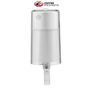 Image illustrating a CP-CP-23 Cream Pump in white with a large clear over cap. The color of the pump is customizable. The pump is displayed without a bottle, but a bottle can be included upon request. Various neck sizes are available for the pump.