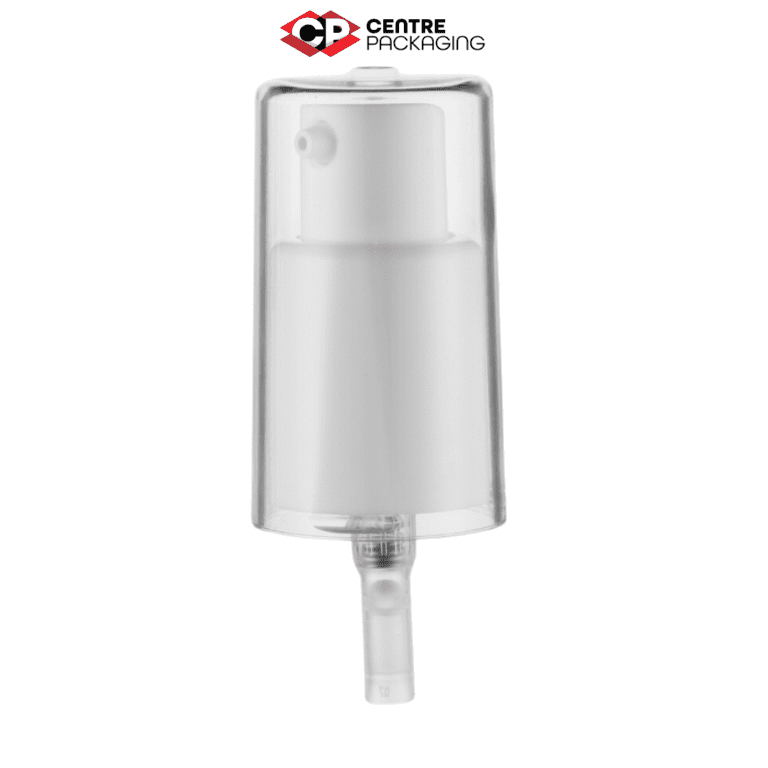 Image illustrating a CP-CP-23 Cream Pump in white with a large clear over cap. The color of the pump is customizable. The pump is displayed without a bottle, but a bottle can be included upon request. Various neck sizes are available for the pump.