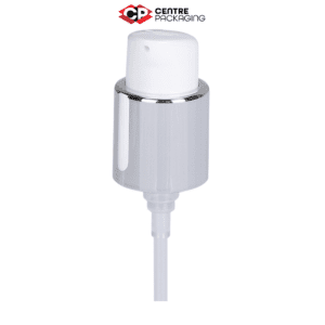 Image illustrating a CP-CP-25A Cream Pump in white with a clear over cap and aluminum collar. The color of the pump is customizable. The pump is displayed without a bottle, but a bottle can be included upon request. Various neck sizes are available for the pump.