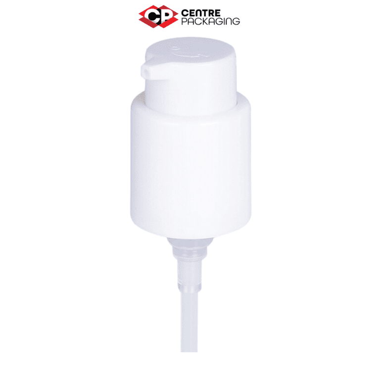 Image illustrating a CP-CP-26 Cream Pump in white with a large clear over cap. The color of the pump is customizable. The pump is displayed without a bottle, but a bottle can be included upon request. Various neck sizes are available for the pump.