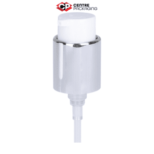 Image illustrating a CP-CP-27A Cream Pump in white comes without a clear over cap but due to a longer nozzle has a safety clip and aluminum collar.. The color of the pump is customizable. The pump is displayed without a bottle, but a bottle can be included upon request. Various neck sizes are available for the pump.