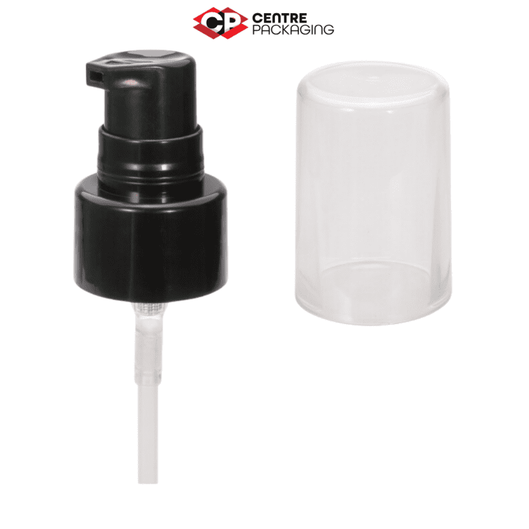 Image illustrating a CP-CP-32 Cream Pump in black with a clear over cap. The color of the pump is customizable. The pump is displayed without a bottle, but a bottle can be included upon request. Various neck sizes are available for the pump.