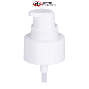 Image illustrating a CP-CP-33 Cream Pump in white with a large clear over cap. The color of the pump is customizable. The pump is displayed without a bottle, but a bottle can be included upon request. Various neck sizes are available for the pump.