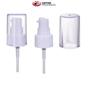 Image illustrating a CP-CP-39 Cream Pump in white with a large clear over cap. The color of the pump is customizable. The pump is displayed without a bottle, but a bottle can be included upon request. Various neck sizes are available for the pump.