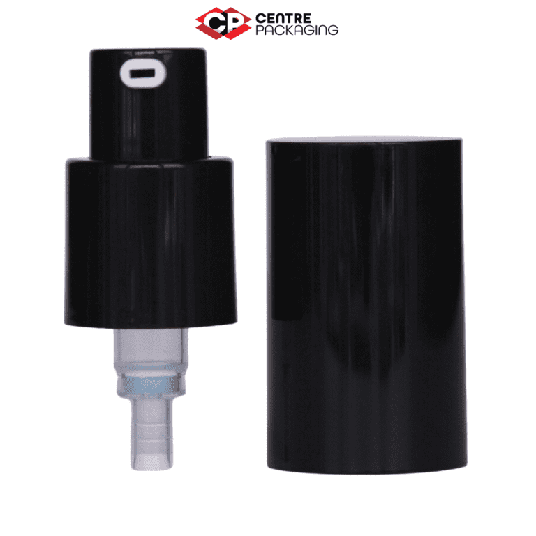 Image illustrating a CP-CP-41A Cream Pump in BLACKwith an Aluminium over cap and aluminum collar. The color of the pump is customizable. The pump is displayed without a bottle, but a bottle can be included upon request. Various neck sizes are available for the pump.