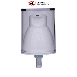 Image illustrating a CP-CP-42 Cream Pump in white with a large clear over cap. The color of the pump is customizable. The pump is displayed without a bottle, but a bottle can be included upon request. Various neck sizes are available for the pump.