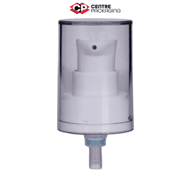 Image illustrating a CP-CP-46 Cream Pump in white with a large clear over cap. The color of the pump is customizable. The pump is displayed without a bottle, but a bottle can be included upon request. Various neck sizes are available for the pump.