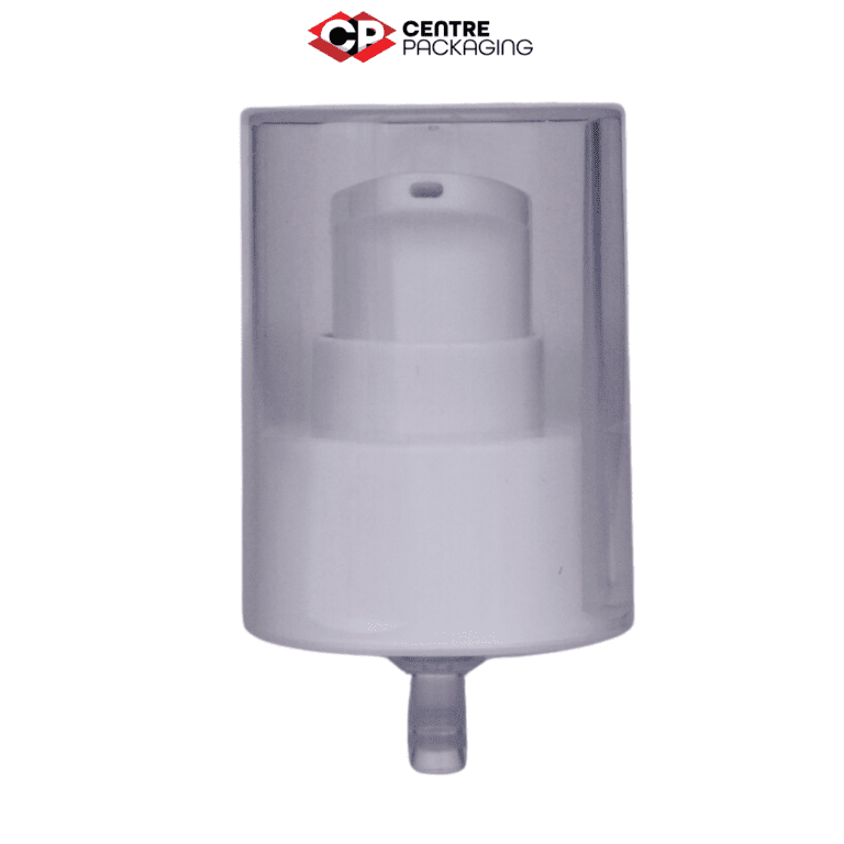 Image illustrating a CP-CP-48 Cream Pump in white with a large clear over cap. The color of the pump is customizable. The pump is displayed without a bottle, but a bottle can be included upon request. Various neck sizes are available for the pump.