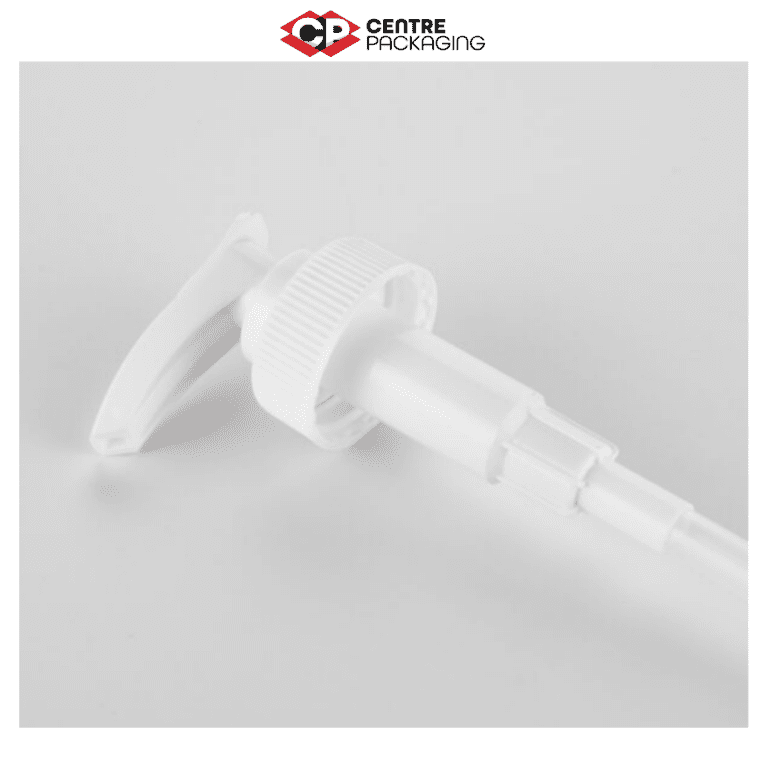 CP-SL-04-SCREW LOCK LOTION PUMP IN WHITE WITH CENTRE PACAKGING LOGO