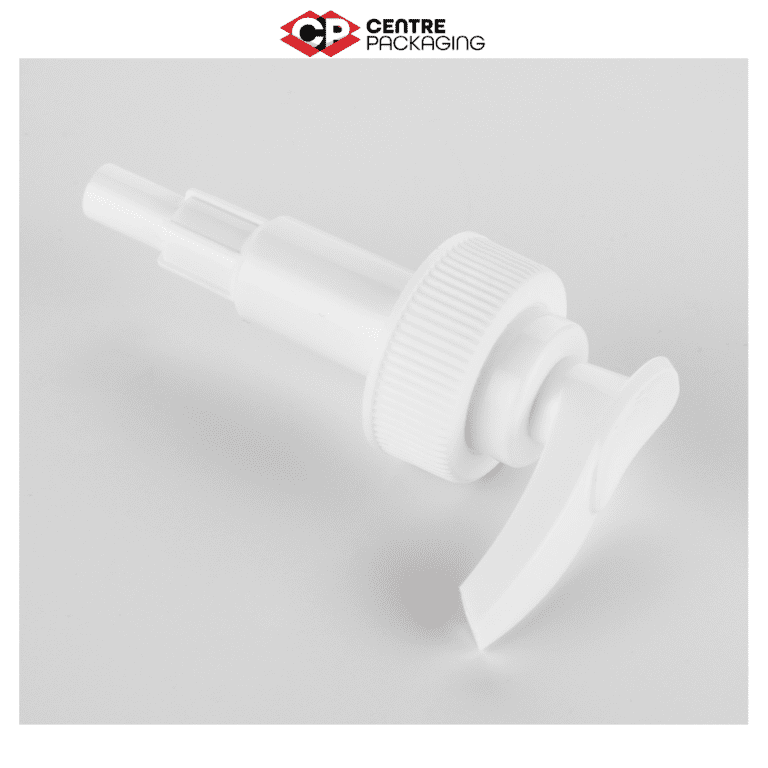 CP-SL-04-SCREW LOCK LOTION PUMP IN WHITE WITH CENTRE PACAKGING LOGO