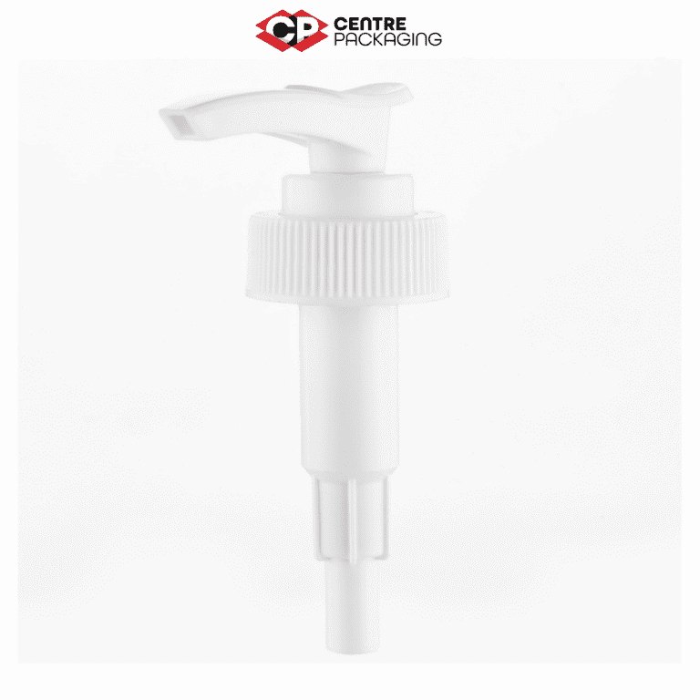 CP-SL-04-SCREW LOCK LOTION PUMP IN WHITE WITH CENTRE PACAKGING LOGO