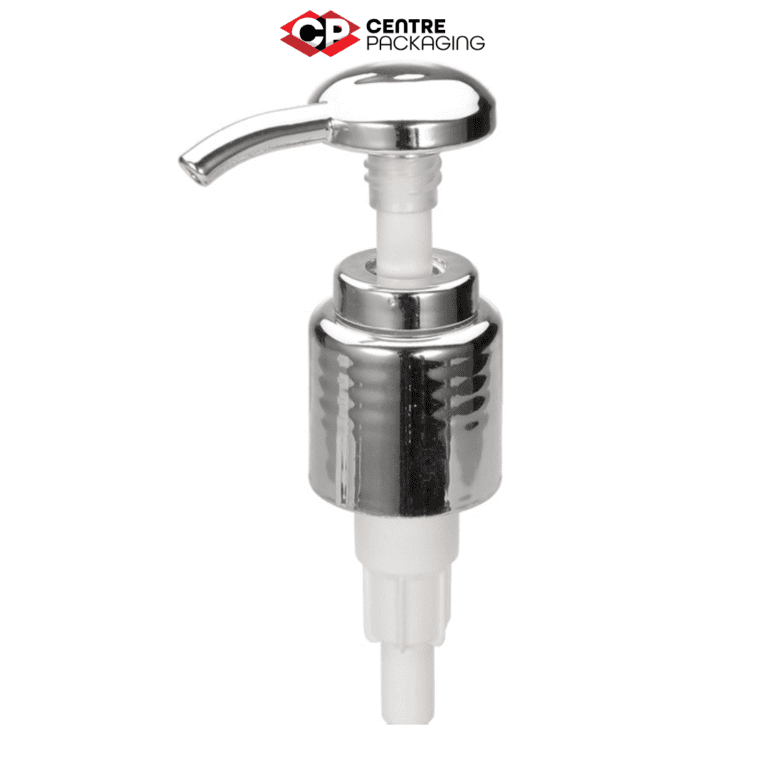 CP-SL-23 SCREW LOCK LOTION PUMP IN ALUMINIUM WITH CENTRE PACKAGING LOGO