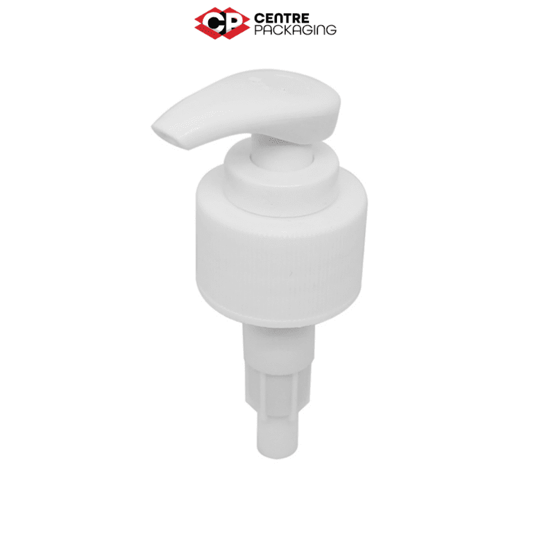 CP-SL-28 SCREW LOCK LOTION PUMP IN WHITE WITH CENTRE PACKAGING LOGO