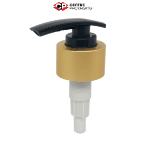 CP-SL-30 SCREW LOCK LOTION PUMP WITH GOLD COLLAR IN ALUMNIUM WITH CENTRE PACKAGING LOGO