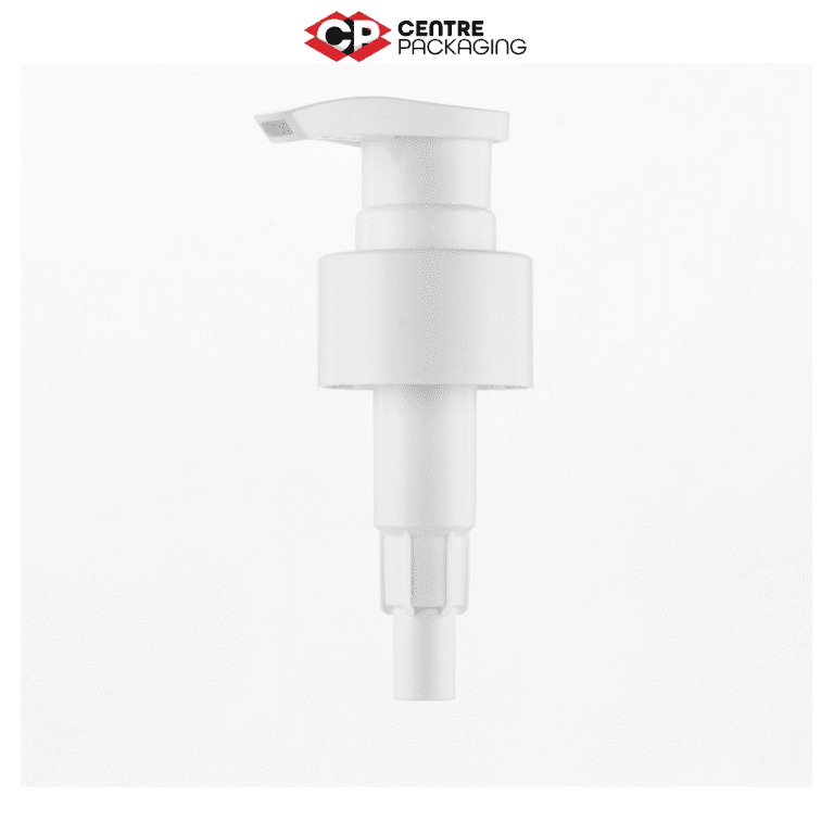 CP-SL-35 SCREW LOCK LOTION PUMP IN WHITE WITH CENTRE PACKAGING LOGO